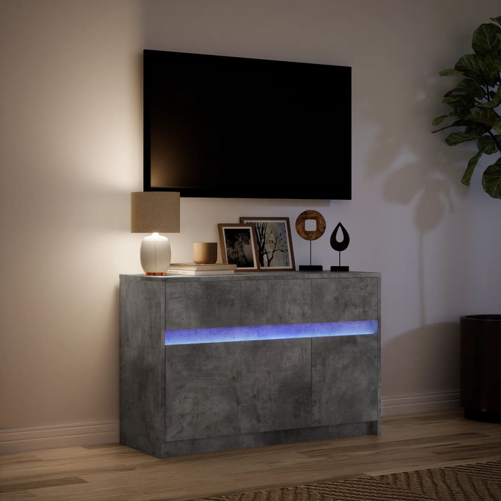 betonszürke szerelt fa TV-szekrény LED-ekkel 91 x 34 x 61 cm