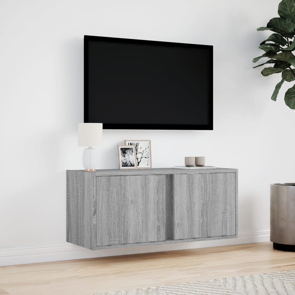 szürke sonoma színű fali TV-szekrény LED-del 80x31x35 cm