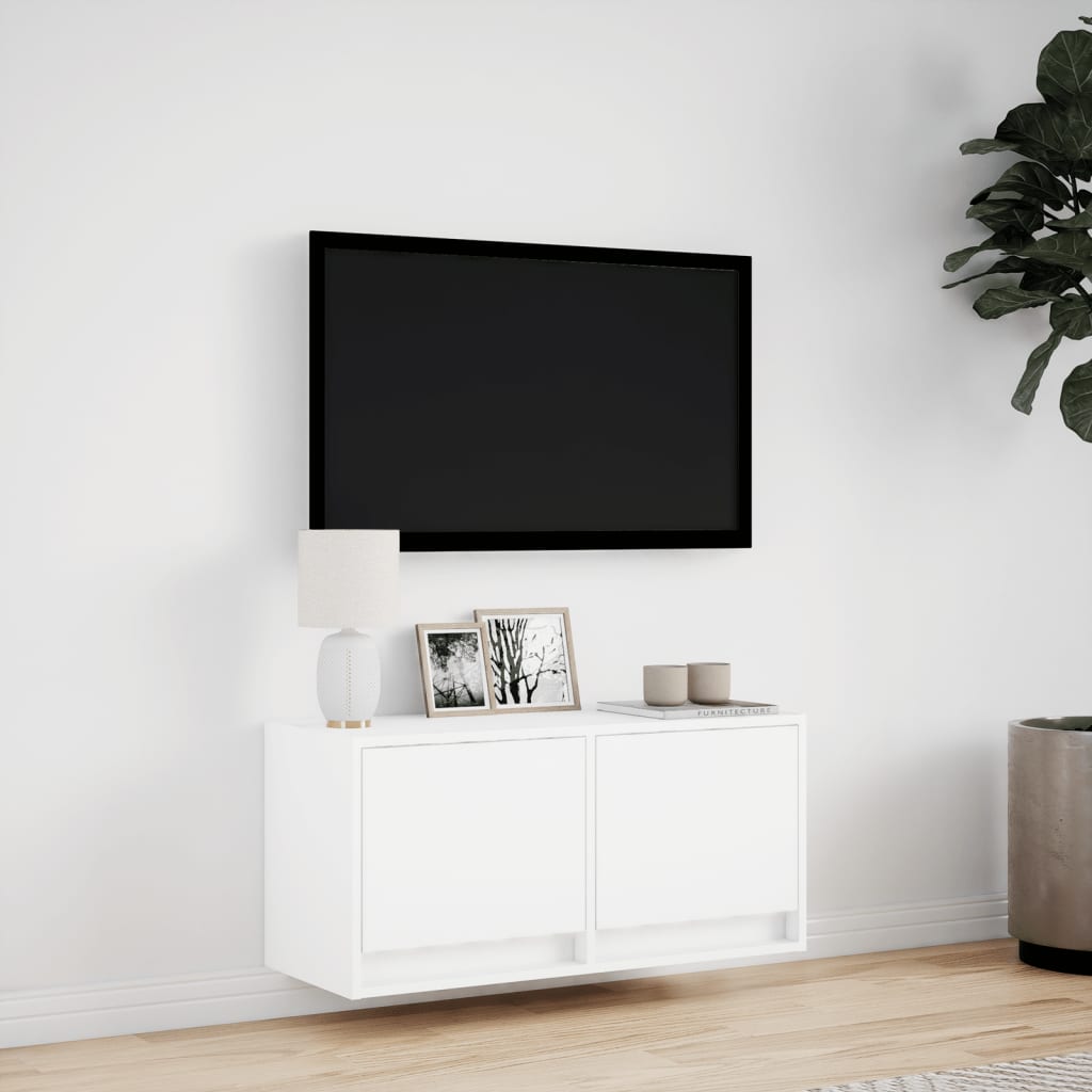fehér falra szerelhető TV-szekrény LED-lámpákkal 80x31x35 cm