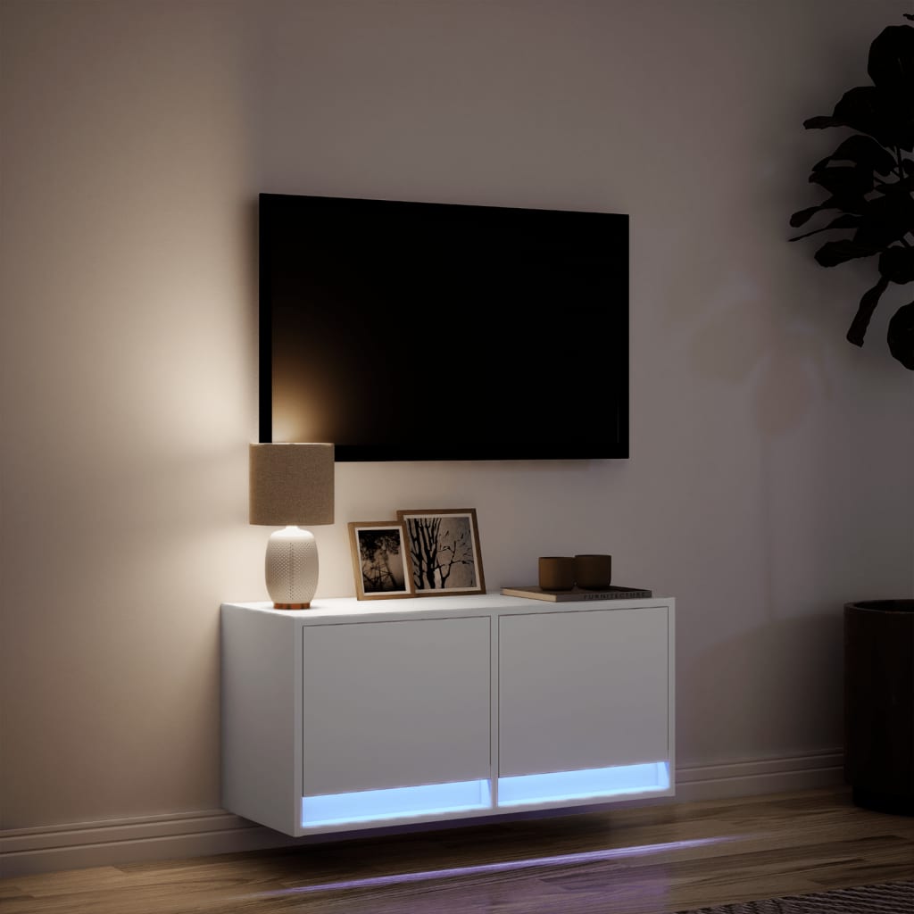 fehér falra szerelhető TV-szekrény LED-lámpákkal 80x31x35 cm