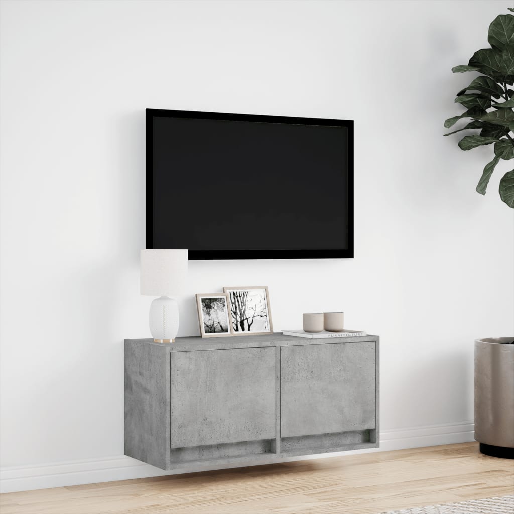 betonszürke falra szerelhető TV-szekrény LED-del 80x31x35 cm