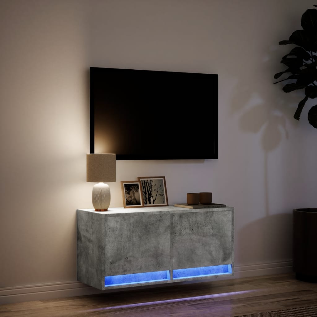 betonszürke falra szerelhető TV-szekrény LED-del 80x31x35 cm