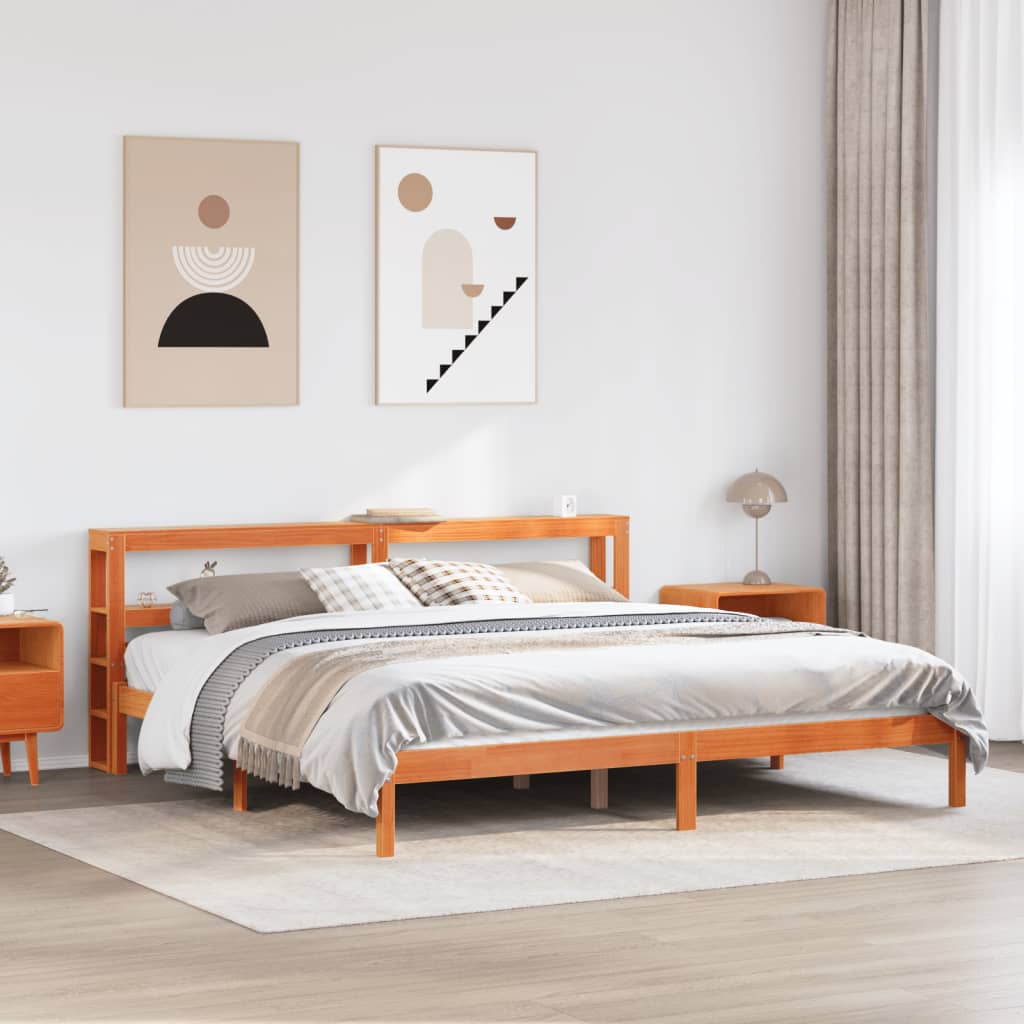 viaszbarna tömör fenyőfa ágykeret fejtámlával 200 x 200 cm