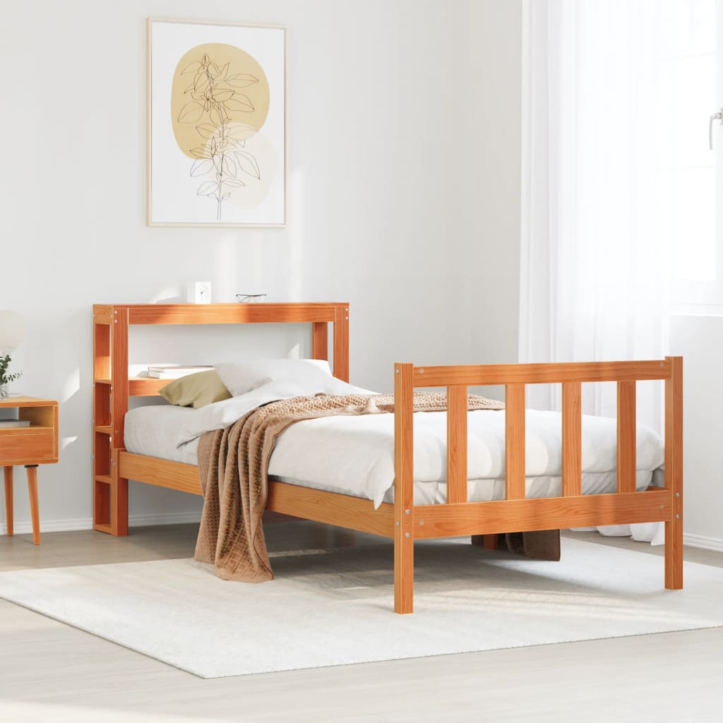 viaszbarna tömör fenyőfa ágykeret fejtámlával 100 x 200 cm