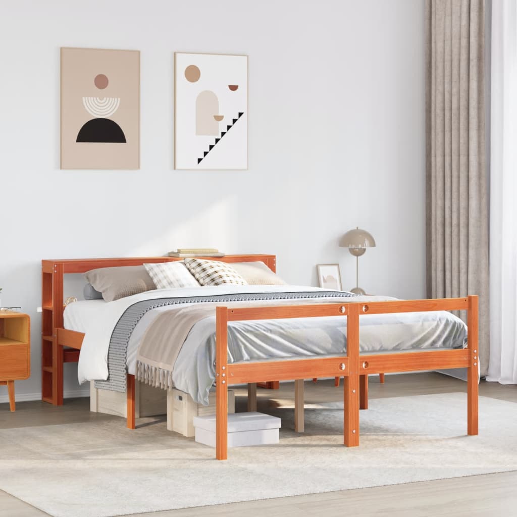 viaszbarna tömör fenyőfa ágykeret fejtámlával 120 x 200 cm