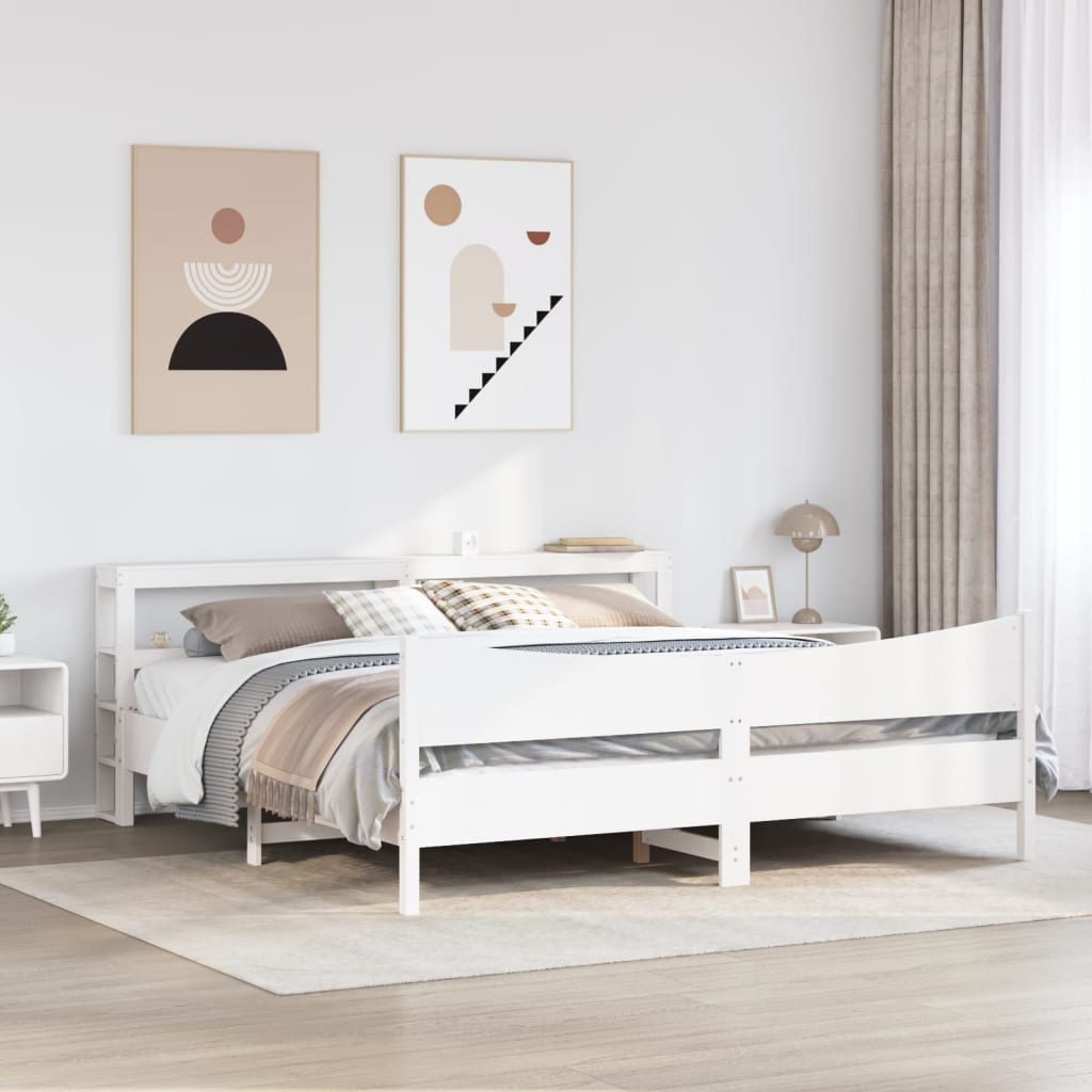 fehér tömör fenyőfa ágykeret fejtámlával 200 x 200 cm
