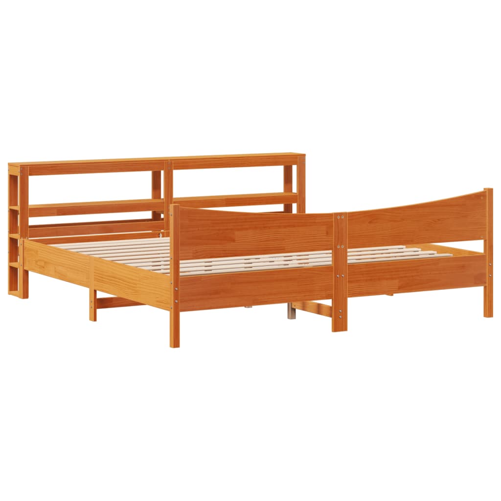 viaszbarna tömör fenyőfa ágykeret fejtámlával 200 x 200 cm