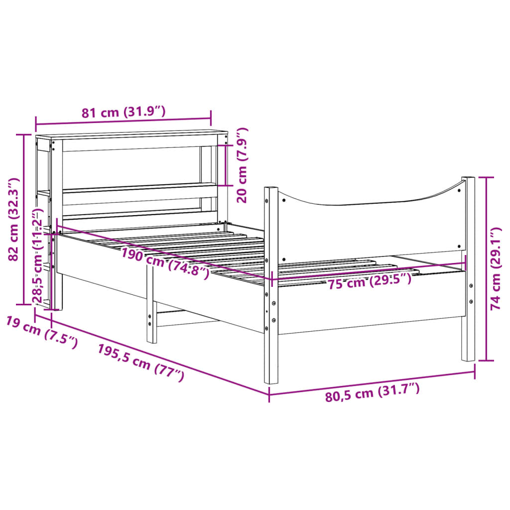 viaszbarna tömör fenyőfa ágykeret fejtámlával 75 x 190 cm