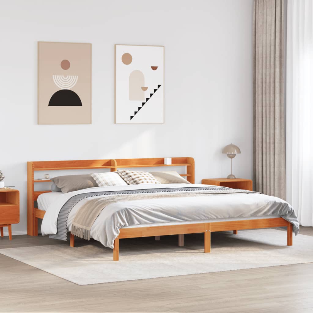 viaszbarna tömör fenyőfa ágykeret fejtámlával 200 x 200 cm
