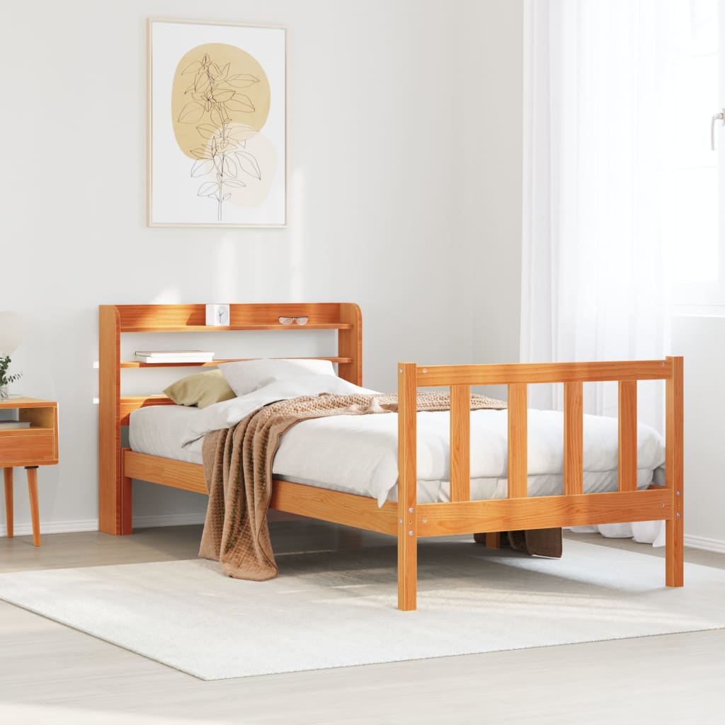 viaszbarna tömör fenyőfa ágykeret fejtámlával 100 x 200 cm