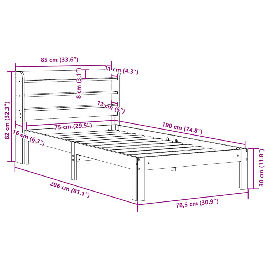 viaszbarna tömör fenyőfa ágy matrac nélkül 75 x 190 cm
