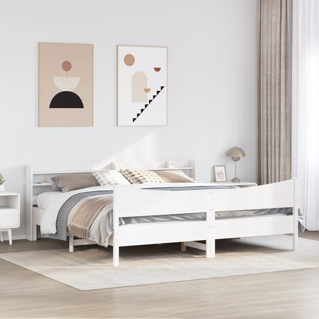 fehér tömör fenyőfa ágykeret fejtámlával 200 x 200 cm
