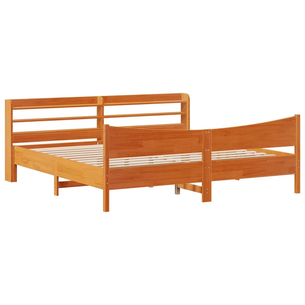 viaszbarna tömör fenyőfa ágykeret fejtámlával 200 x 200 cm
