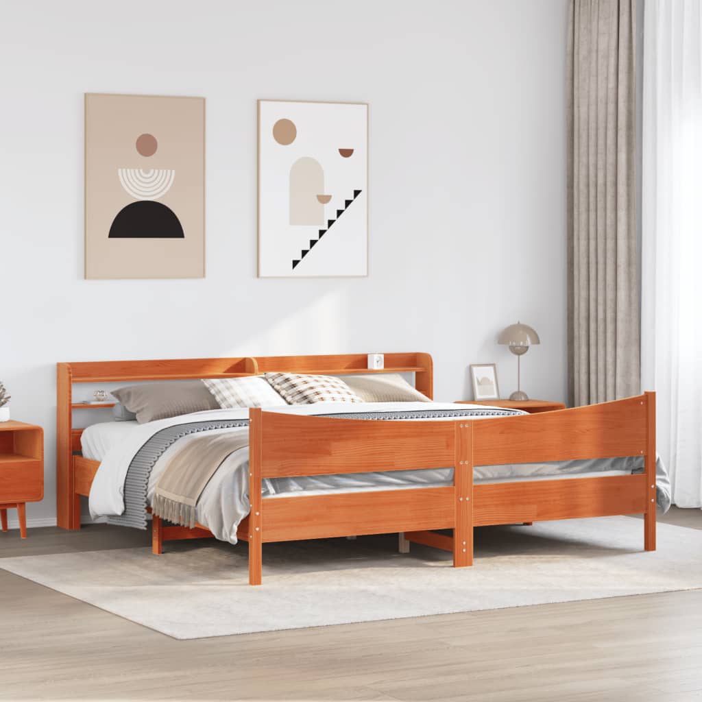 viaszbarna tömör fenyőfa ágykeret fejtámlával 200 x 200 cm