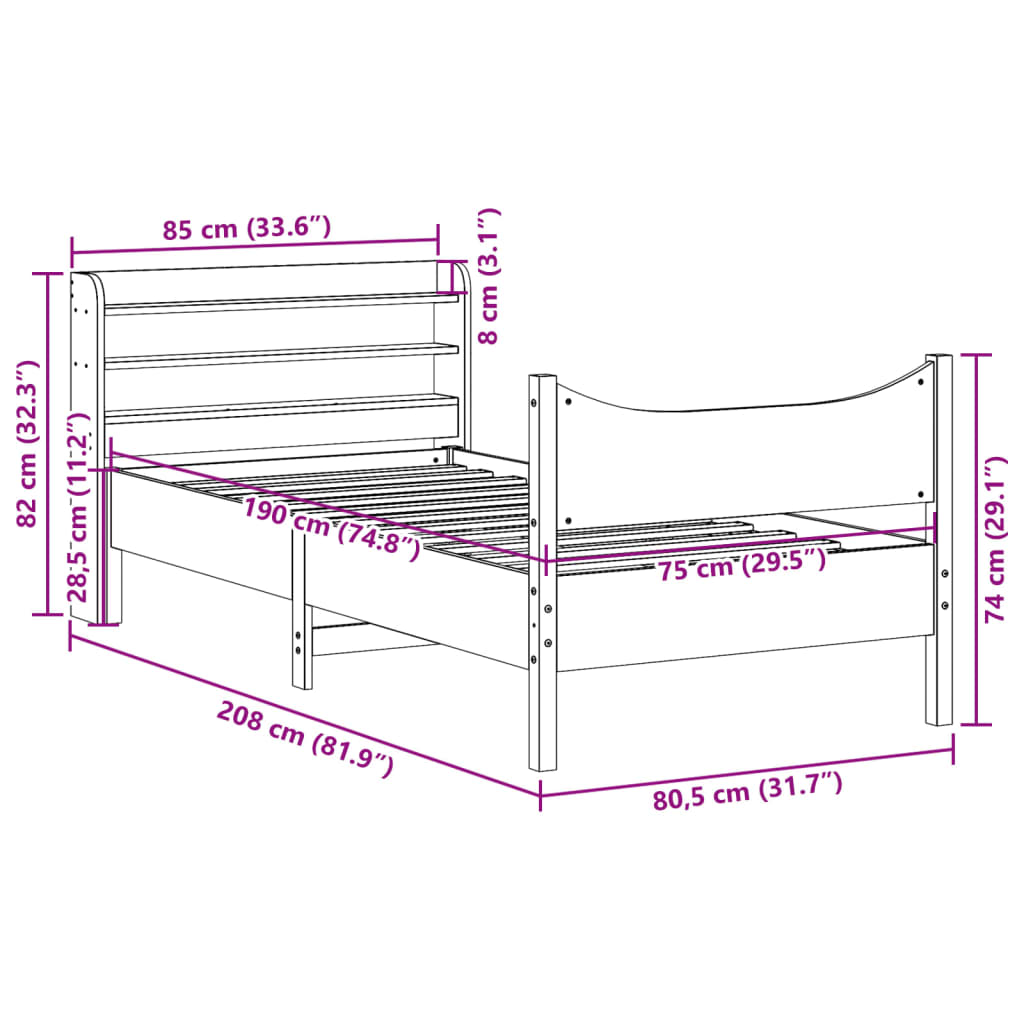 viaszbarna tömör fenyőfa ágykeret fejtámlával 75 x 190 cm