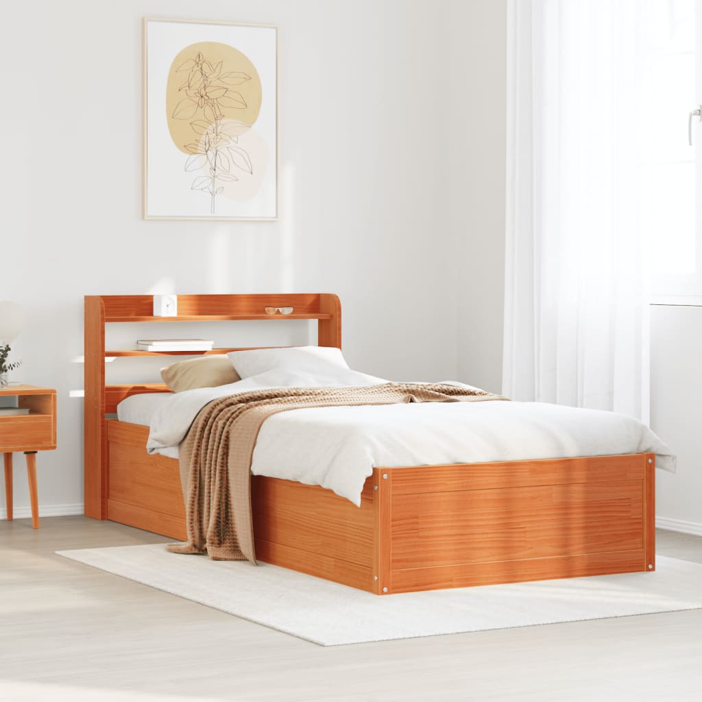 viaszbarna tömör fenyőfa ágykeret fejtámlával 75 x 190 cm