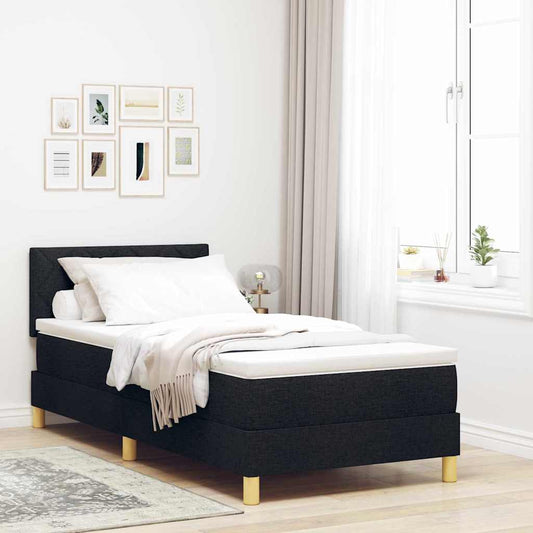 Boxrugós ágy párnával fejtámlával Fekete 90 x 200 cm szövet