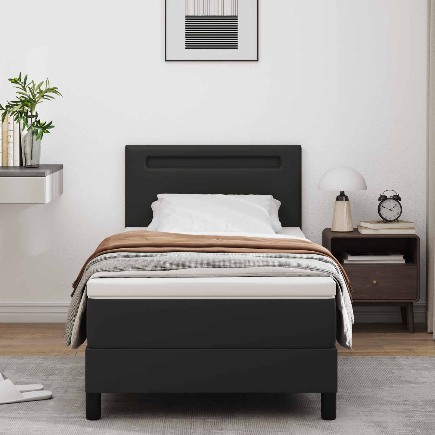 Boxrugós ágy matracmal fejtámlával Fekete 90 x 190 cm Műbőr