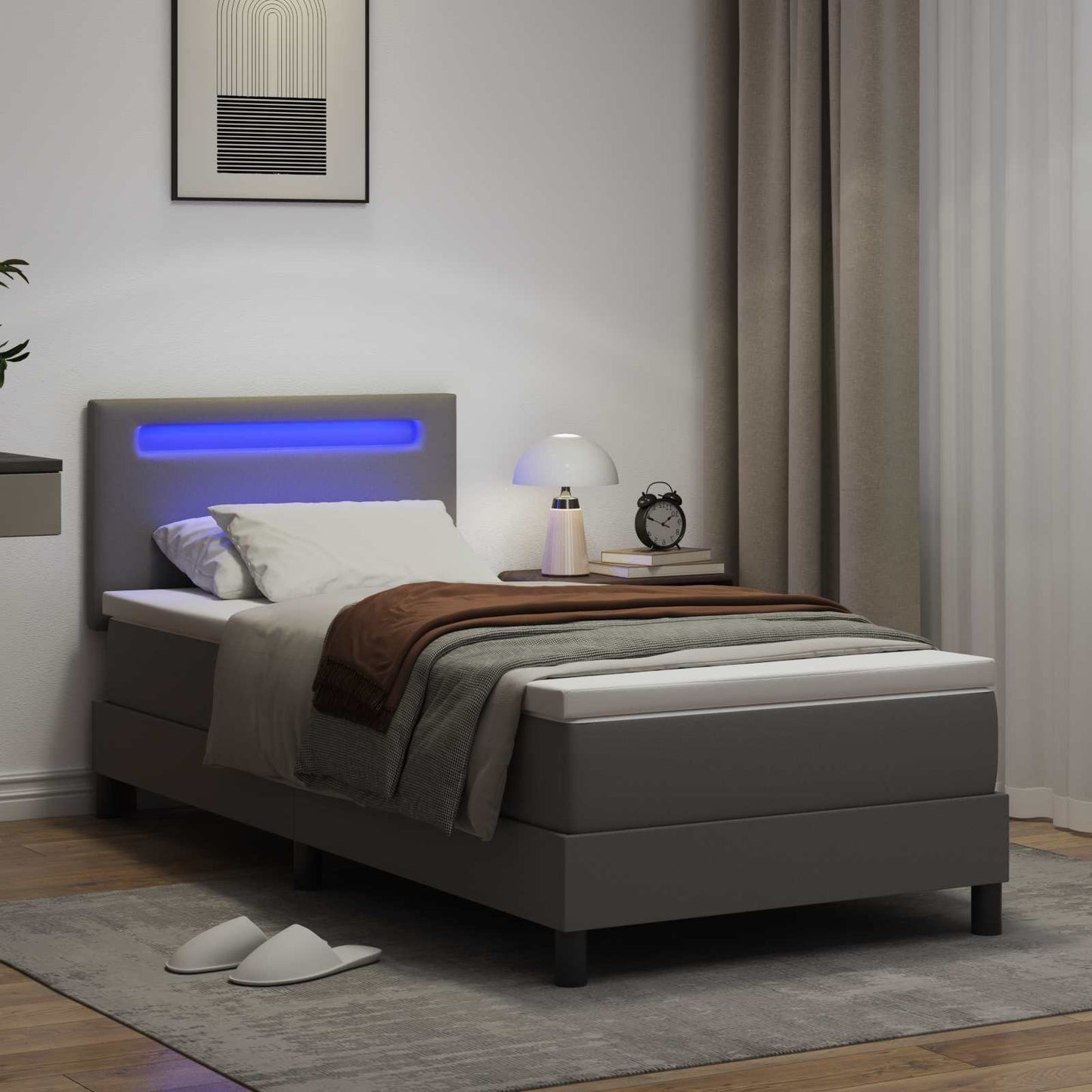 Boxrugós ágy matracmal fejtámlával Szürke 90 x 190 cm Műbőr