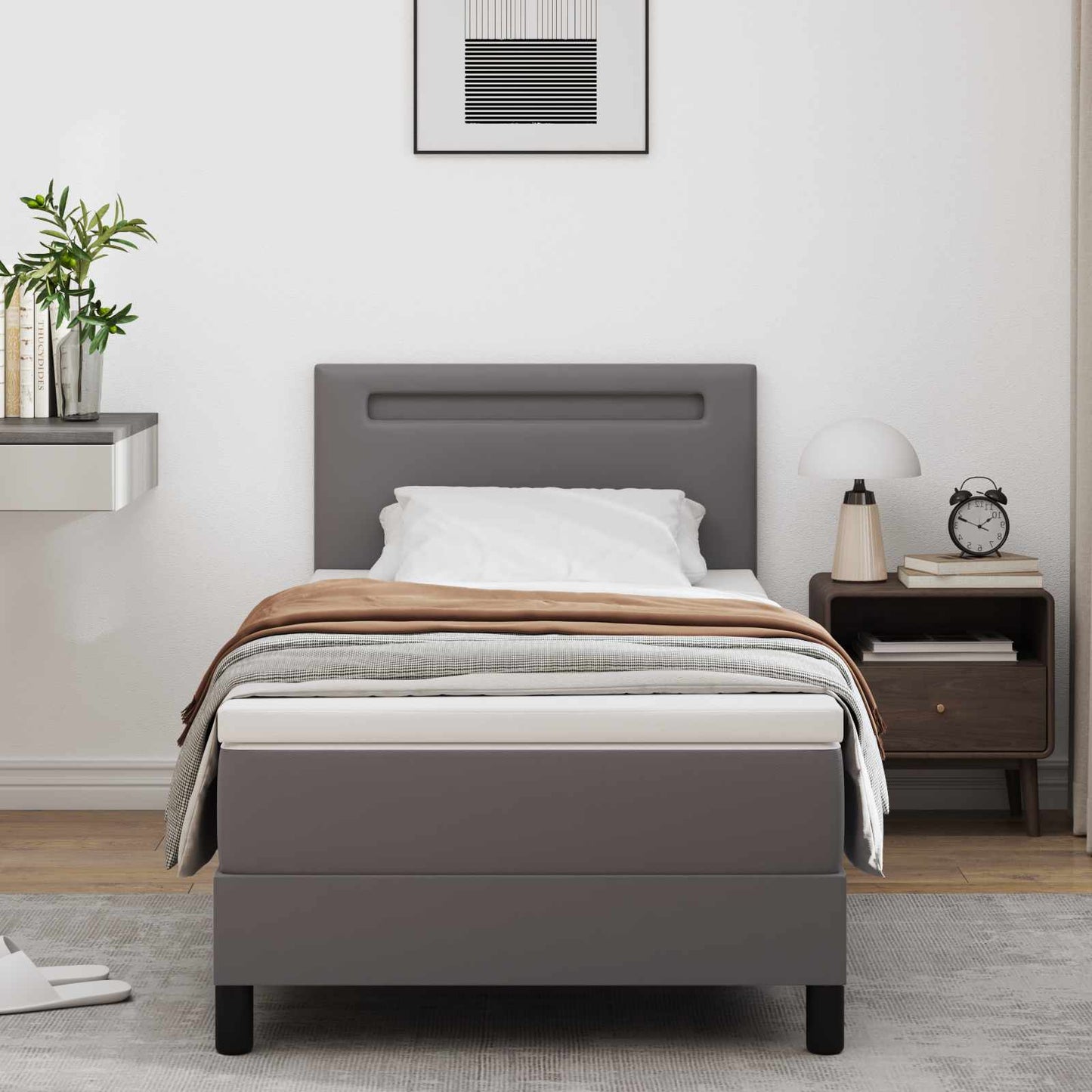 Boxrugós ágy matracmal fejtámlával Szürke 90 x 190 cm Műbőr