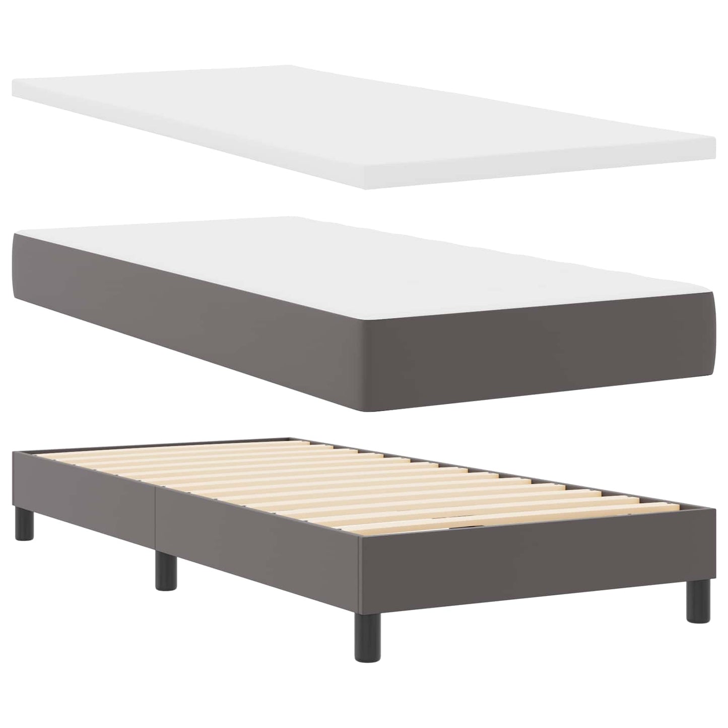 Boxrugós ágy matracmal fejtámlával Szürke 90 x 190 cm Műbőr