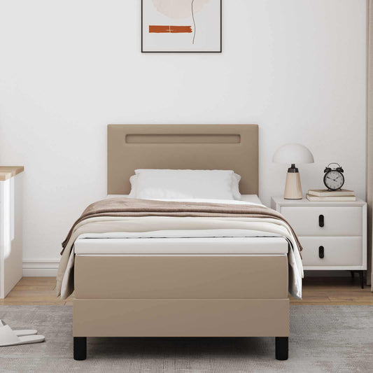 Boxrugós ágy matracmal fejtámlával Cappuccino 90 x 190 cm Műbőr
