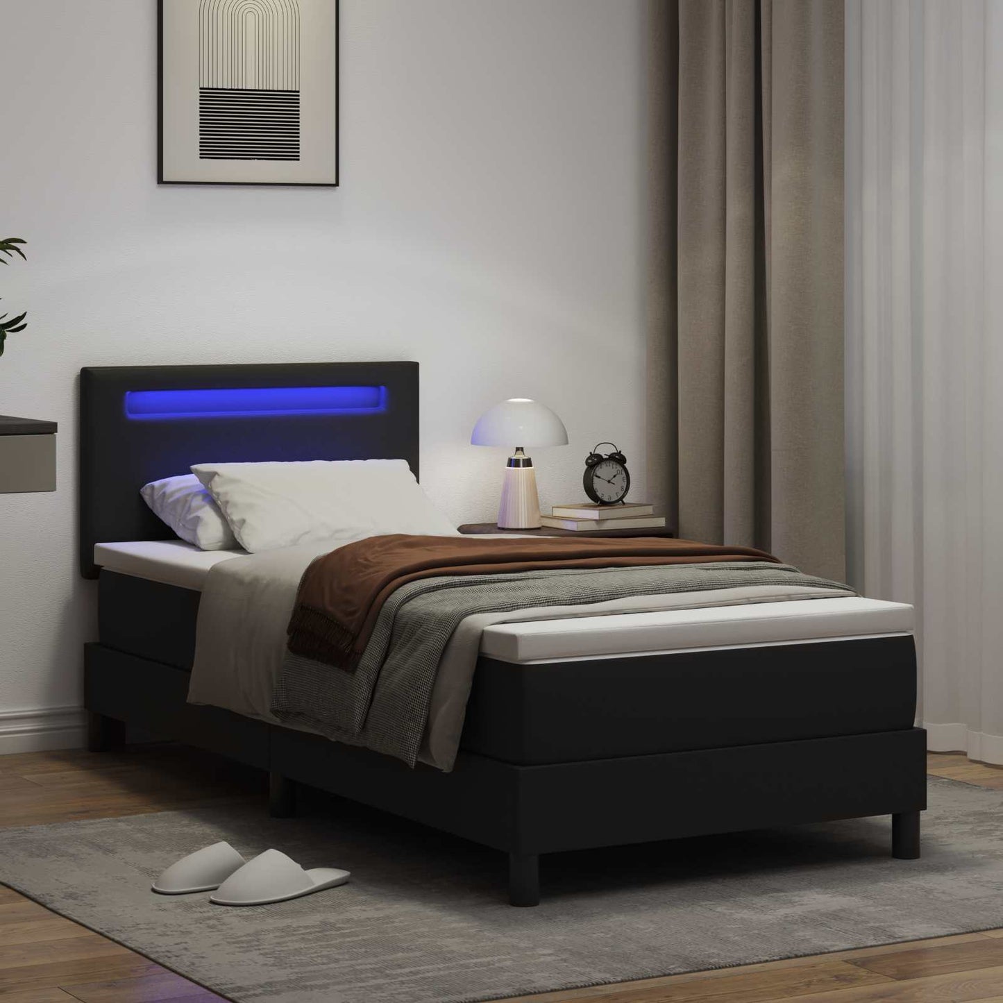 Boxrugós ágy matracmal fejtámlával Fekete 90 x 200 cm Műbőr
