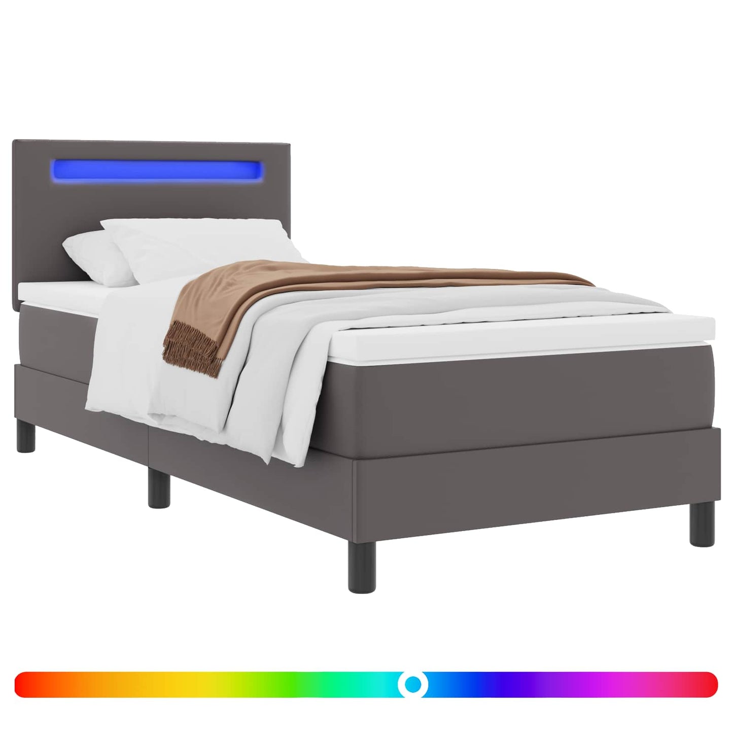 Boxrugós ágy matracmal fejtámlával Szürke 90 x 200 cm Műbőr