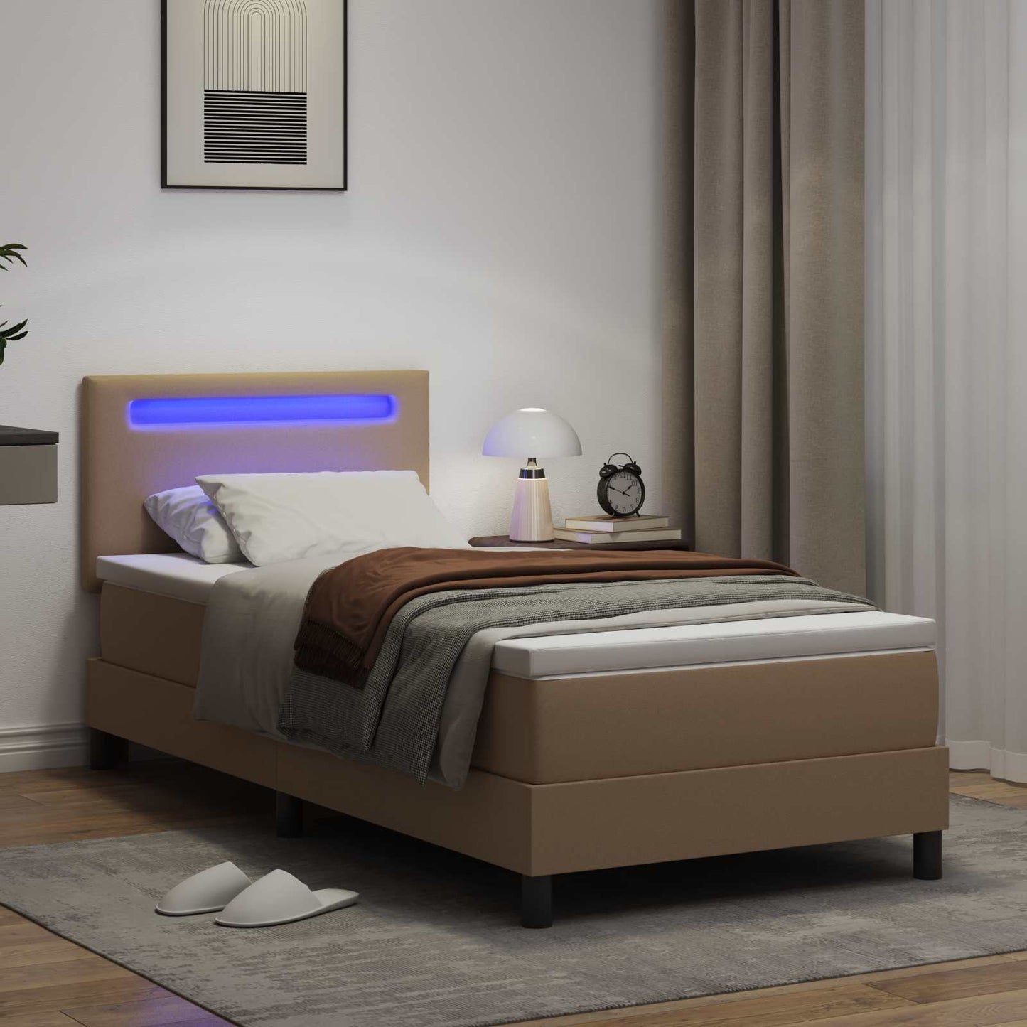Boxrugós ágy matracmal fejtámlával Cappuccino 90 x 200 cm Műbőr