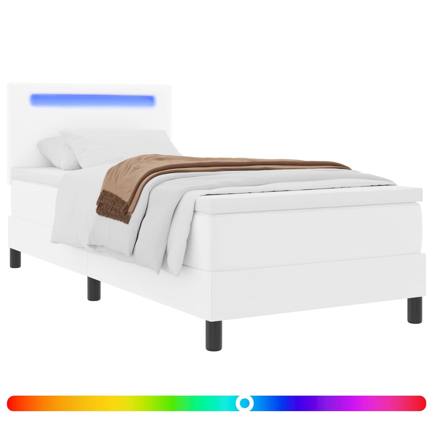 Boxrugós ágy LED szalagokkal Fehér 100 x 200 cm Műbőr