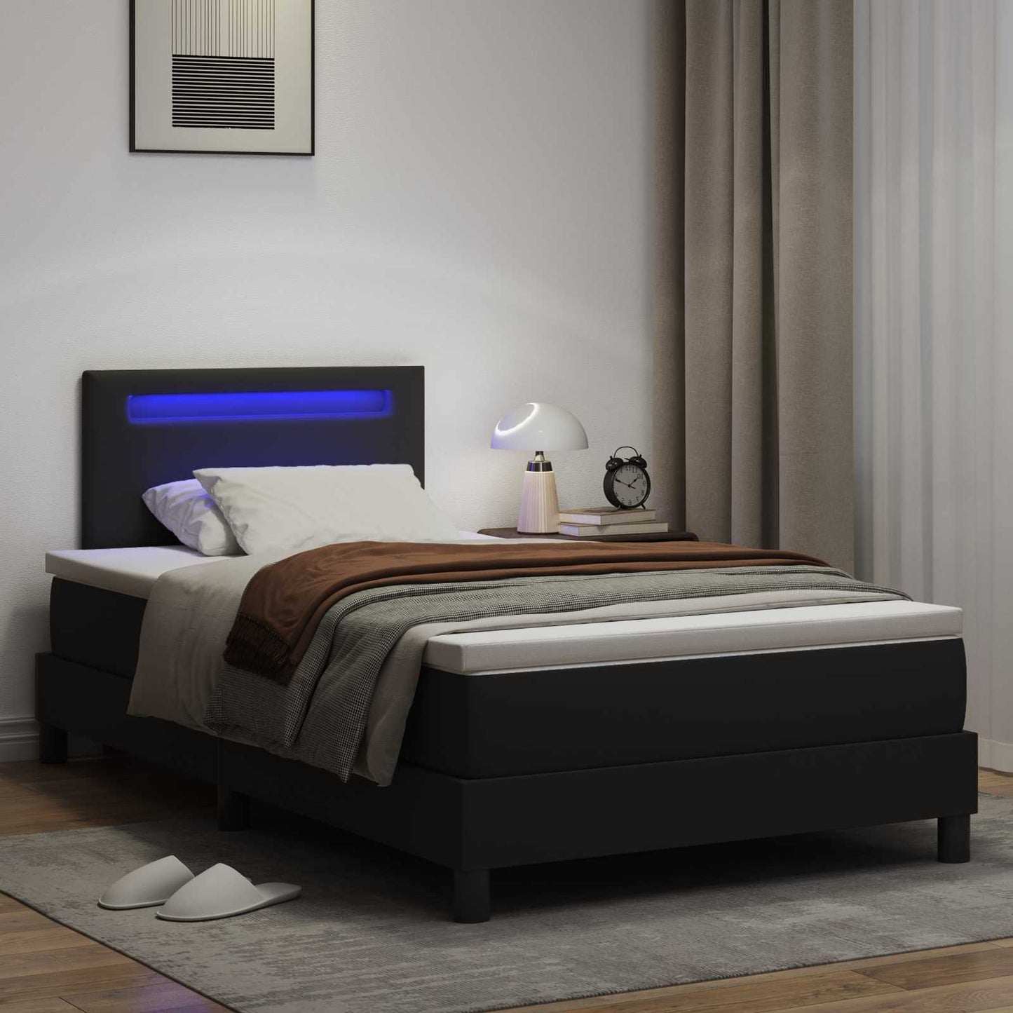Boxrugós ágy matracmal fejtámlával Fekete 120 x 190 cm Műbőr