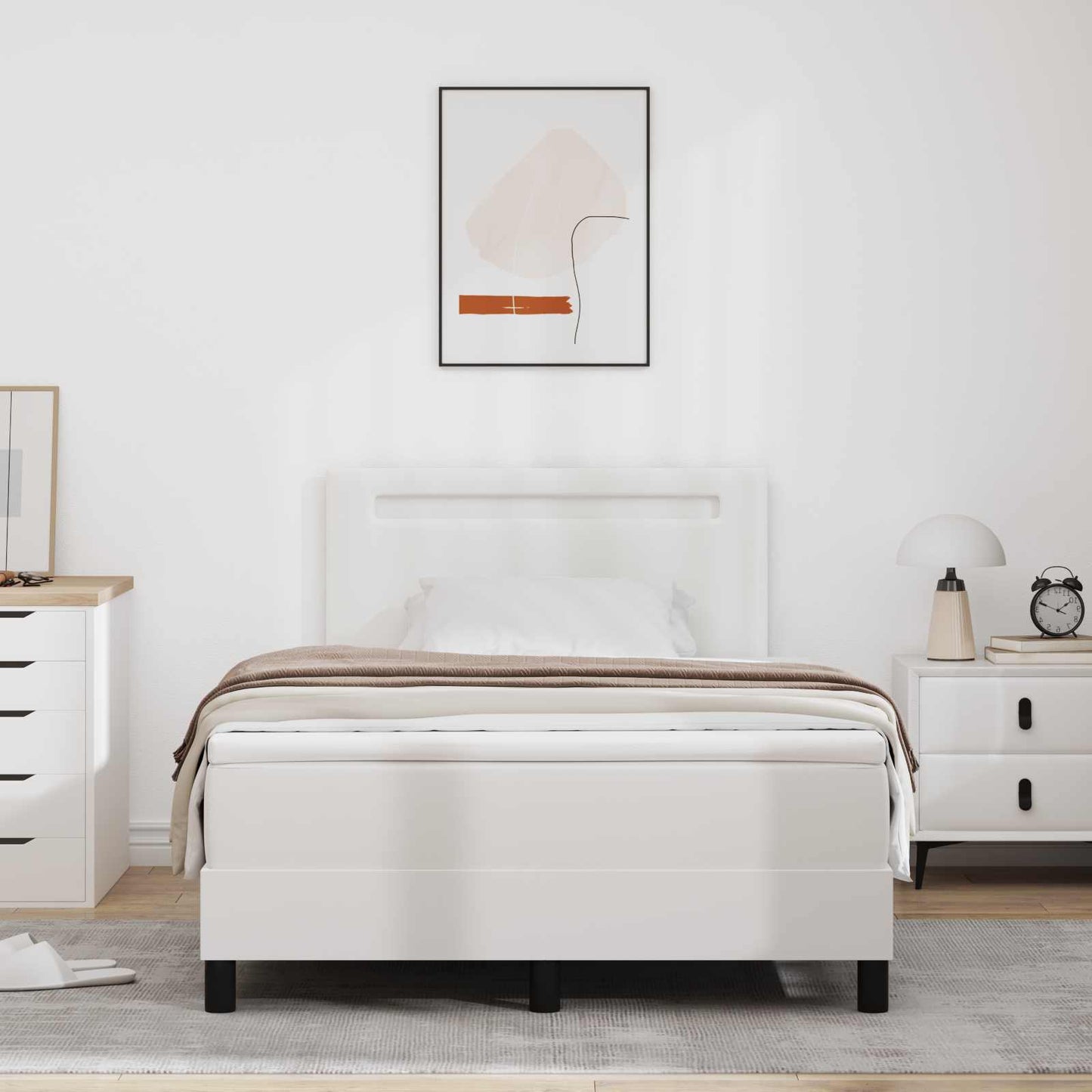 Boxrugós ágy matracmal fejtámlával Fehér 120 x 190 cm Műbőr