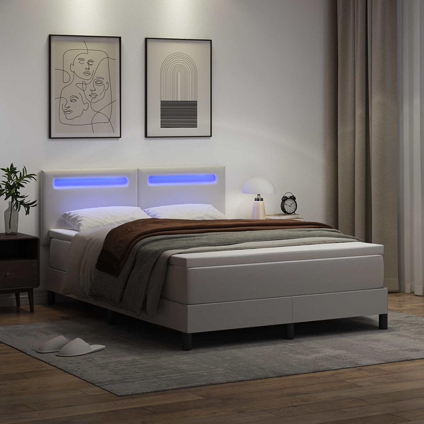 Boxrugós ágy matracmal fejtámlával Fehér 140 x 190 cm Műbőr