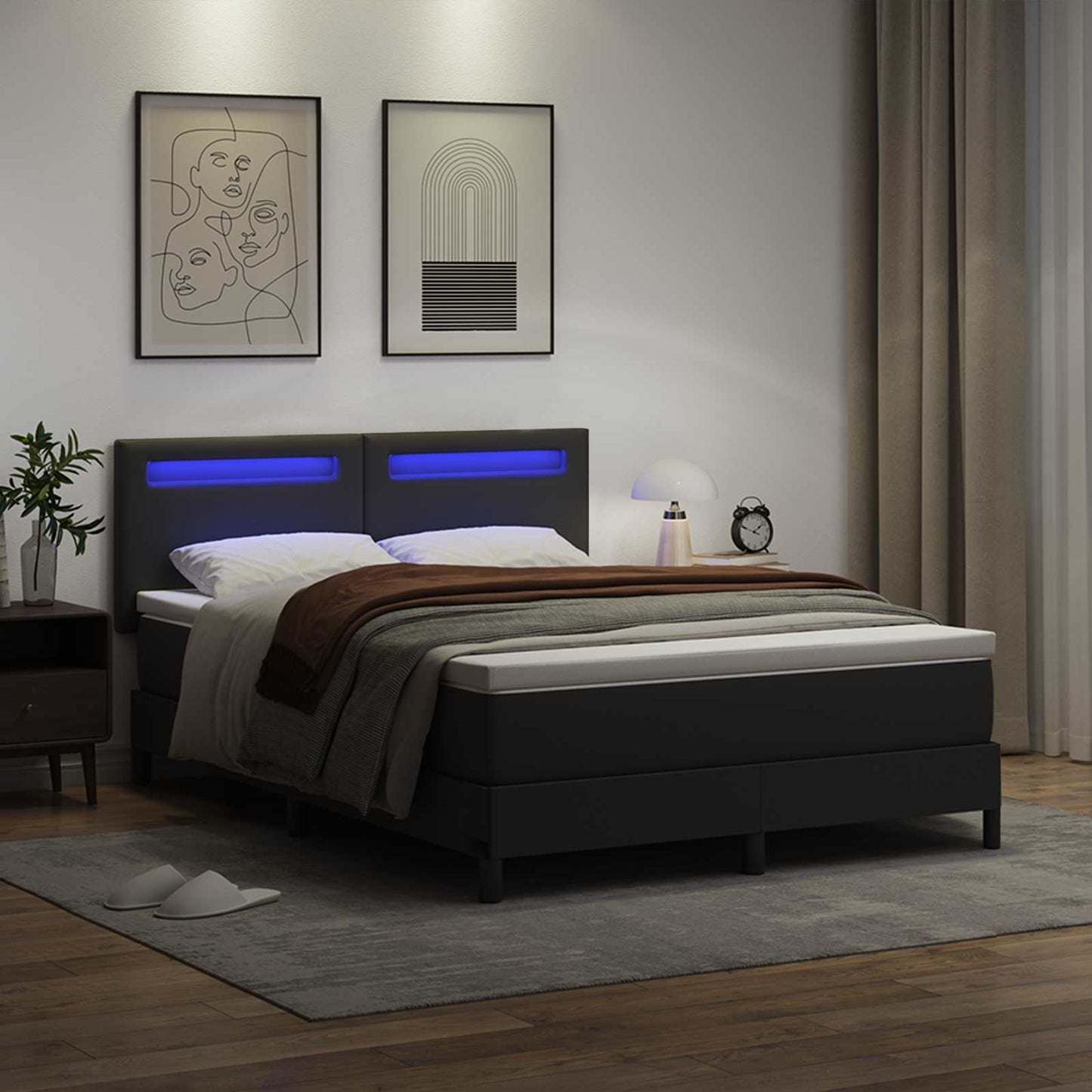 Boxrugós ágy matracmal fejtámlával Fekete 160 x 200 cm Műbőr