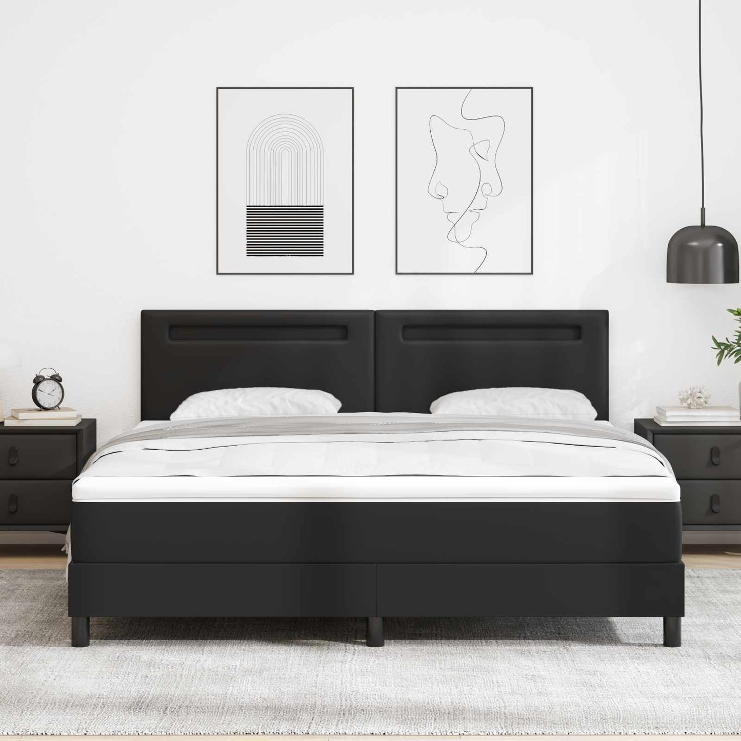 Boxrugós ágy LED szalagokkal Fekete 180 x 200 cm Műbőr