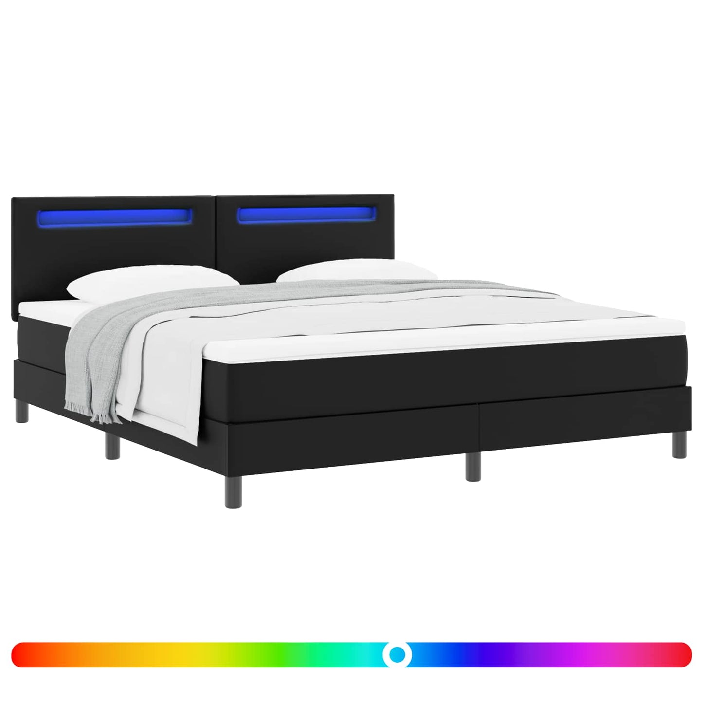 Boxrugós ágy LED szalagokkal Fekete 180 x 200 cm Műbőr