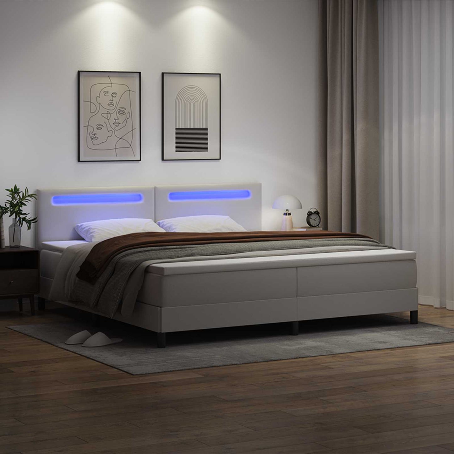 Boxrugós ágy matracmal leddel Fehér 200 x 200 cm Műbőr