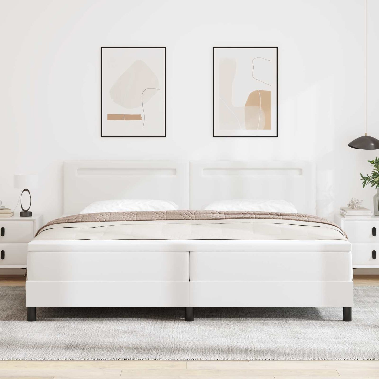 Boxrugós ágy matracmal leddel Fehér 200 x 200 cm Műbőr