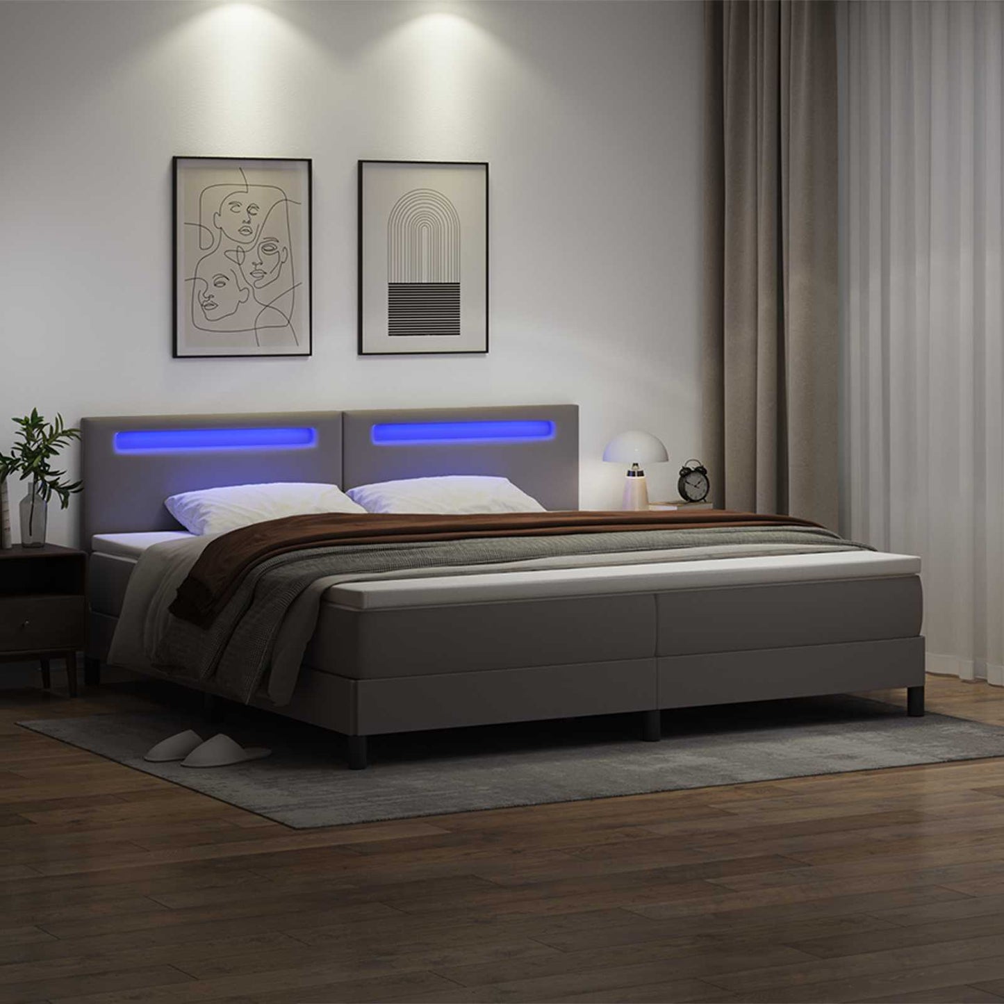 Boxrugós ágy matracmal fejtámlával Szürke 200 x 200 cm Műbőr
