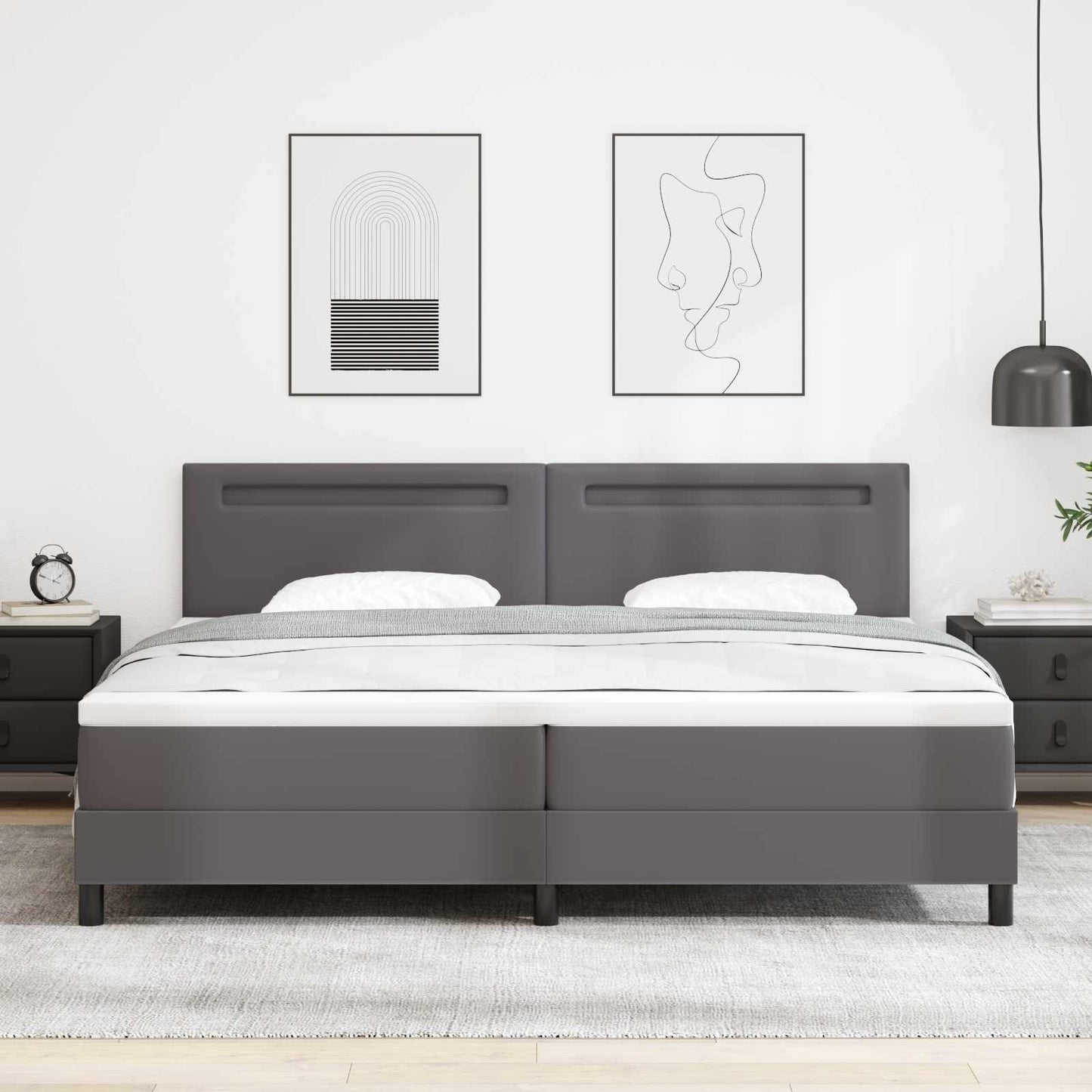 Boxrugós ágy matracmal fejtámlával Szürke 200 x 200 cm Műbőr