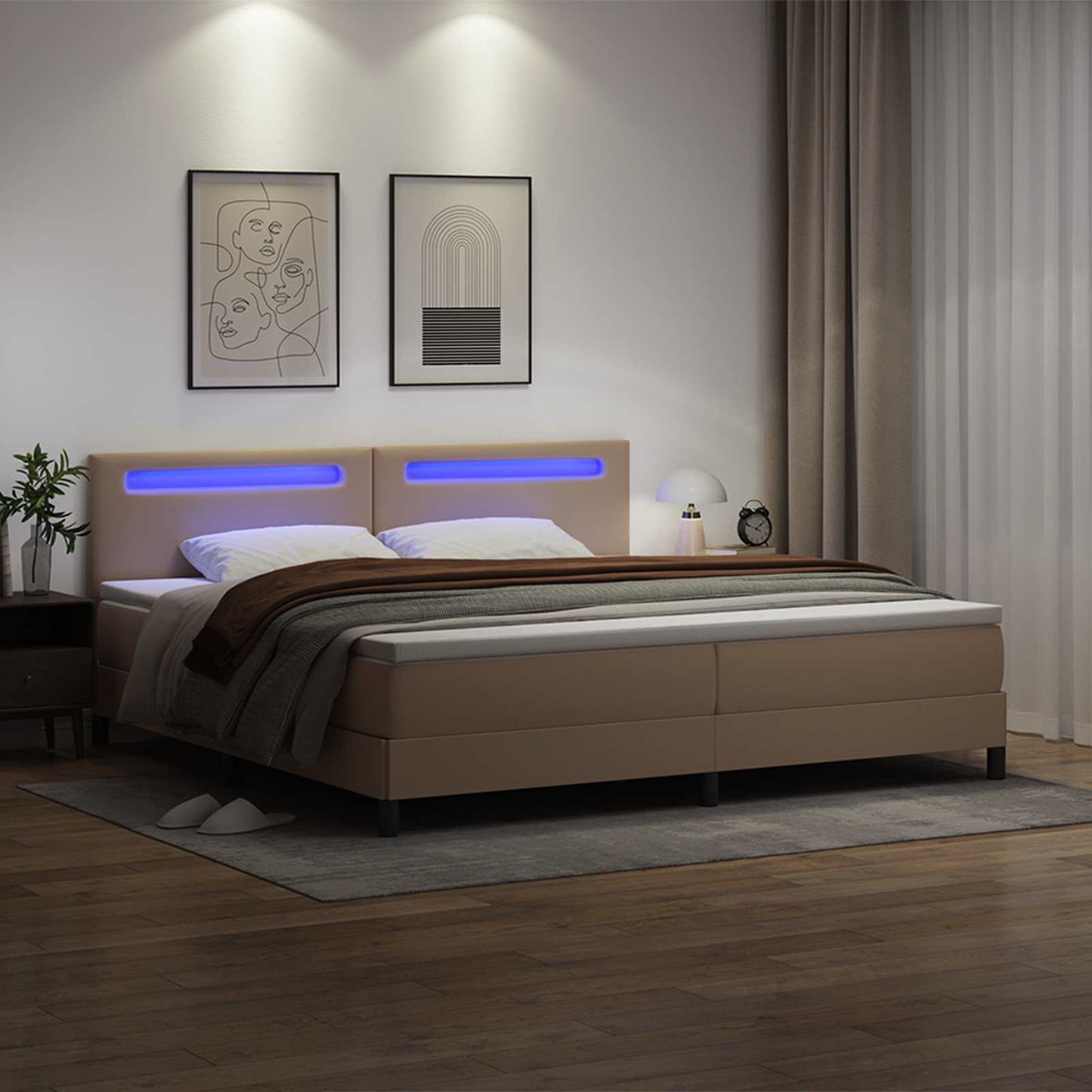 Boxrugós ágy matracmal leddel Cappuccino 200 x 200 cm Műbőr