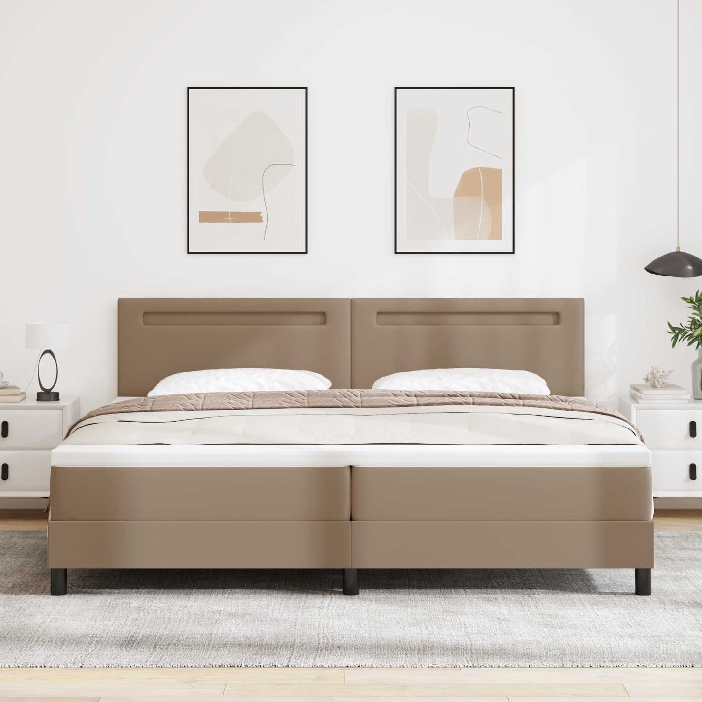 Boxrugós ágy matracmal leddel Cappuccino 200 x 200 cm Műbőr