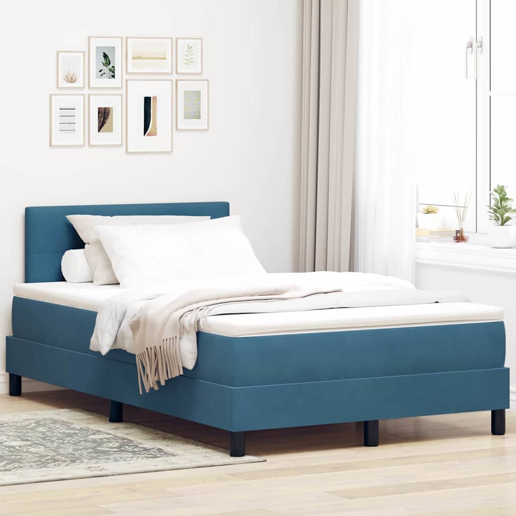 Boxrugós ágy fejtámlával Sötét kék 120 x 200 cm Bársony