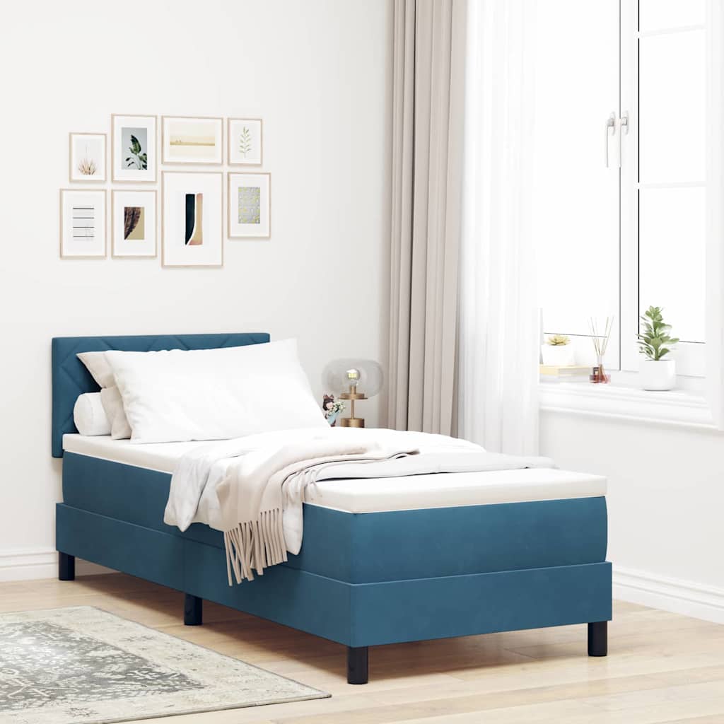 Boxrugós ágy fejtámlával Sötét kék 80 x 200 cm Bársony