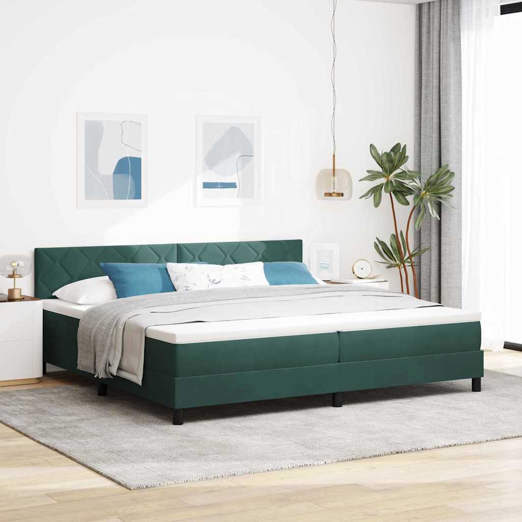 Boxrugós ágy fejtámlával Sötétzöld 200 x 200 cm Bársony