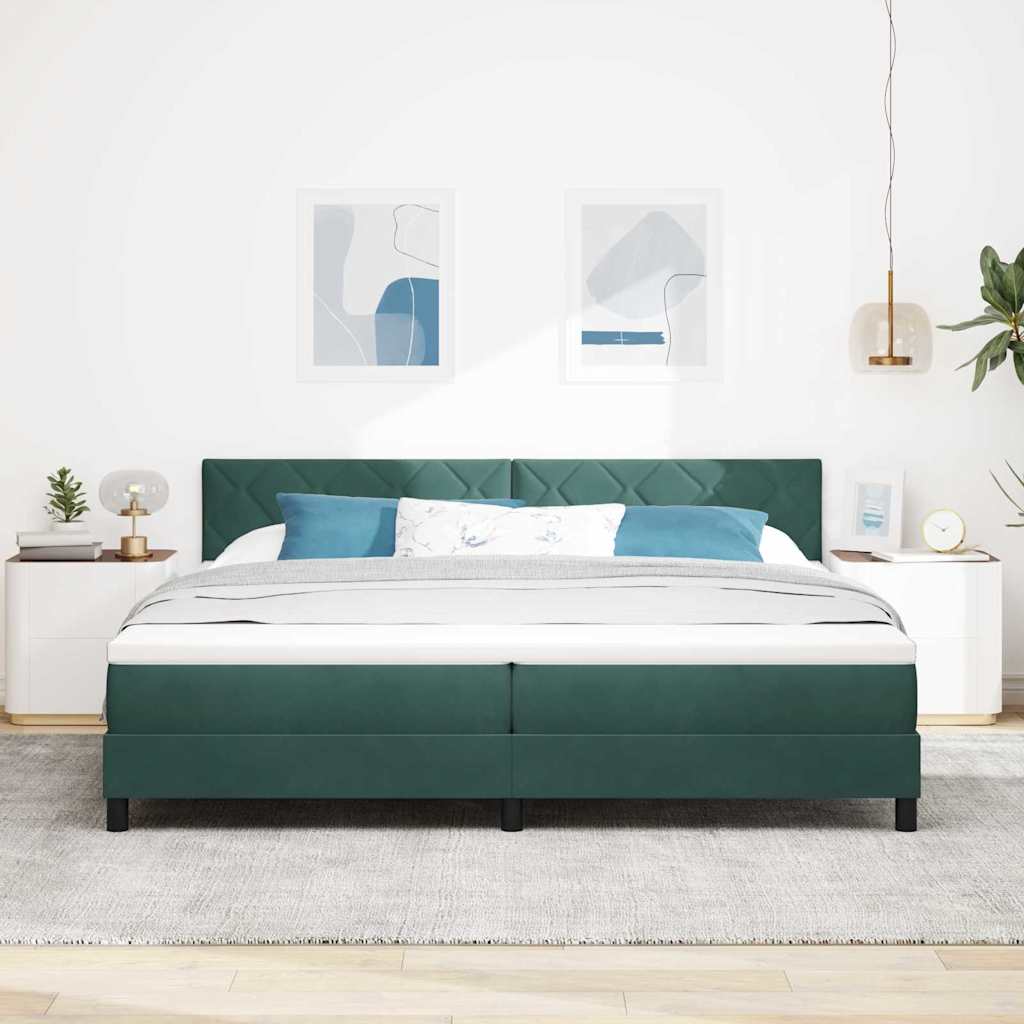 Boxrugós ágy fejtámlával Sötétzöld 200 x 200 cm Bársony