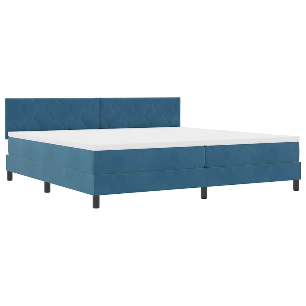 Boxrugós ágy fejtámlával Sötét kék 200 x 200 cm Bársony