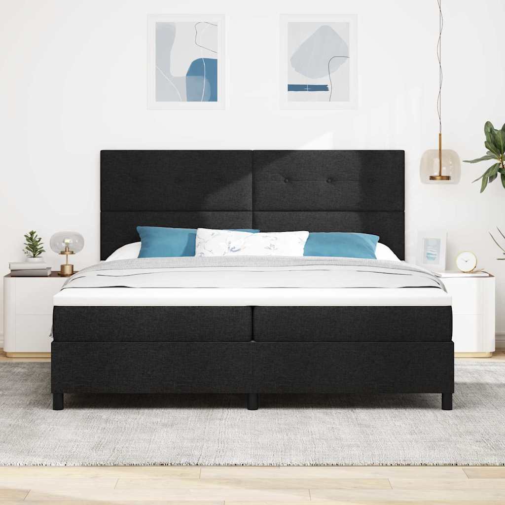 Boxrugós ágy fejtámlával Fekete 200 x 200 cm szövet
