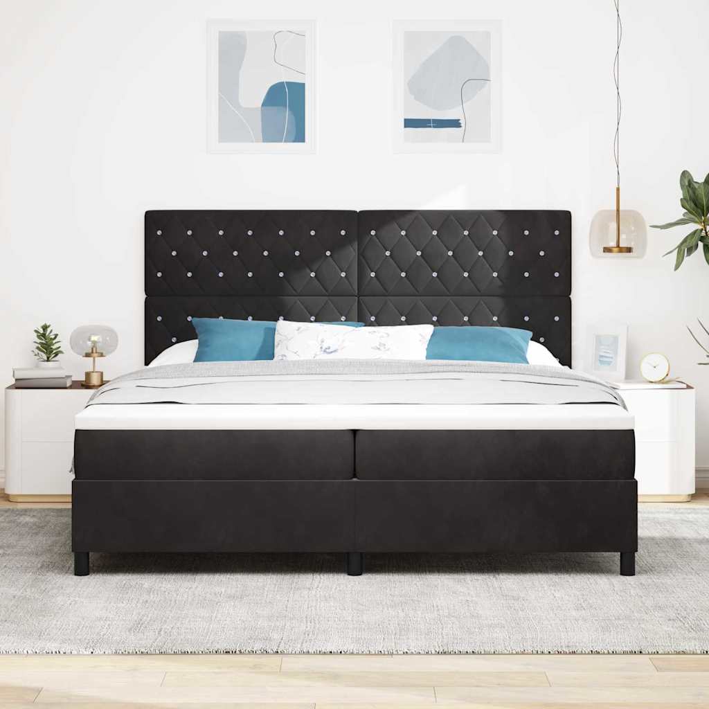 Boxrugós ágy matracmal fejtámlával Fekete 200 x 200 cm Bársony