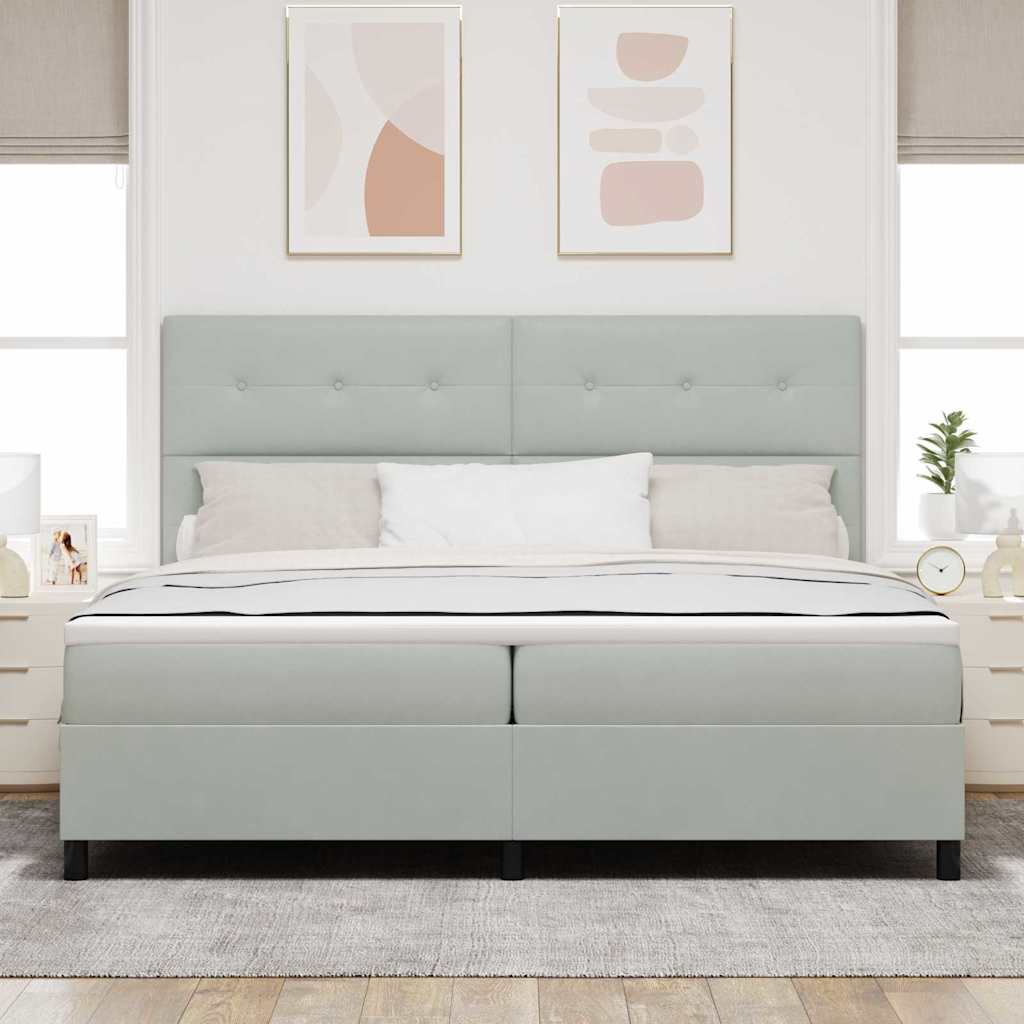 Boxrugós ágy fejtámlával Világosszürke 200 x 200 cm Bársony